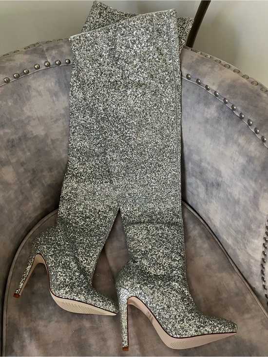 PrettyLittleThing Shoes - Glitter Over-the-Knee Stiletto Boots - Silver